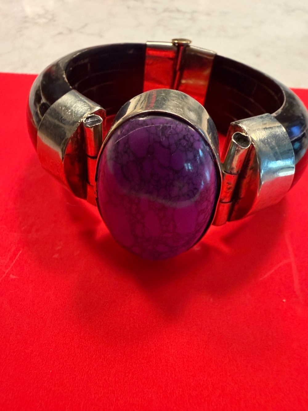 Elephant bone with Purple Cabachon stone hinged bracelet